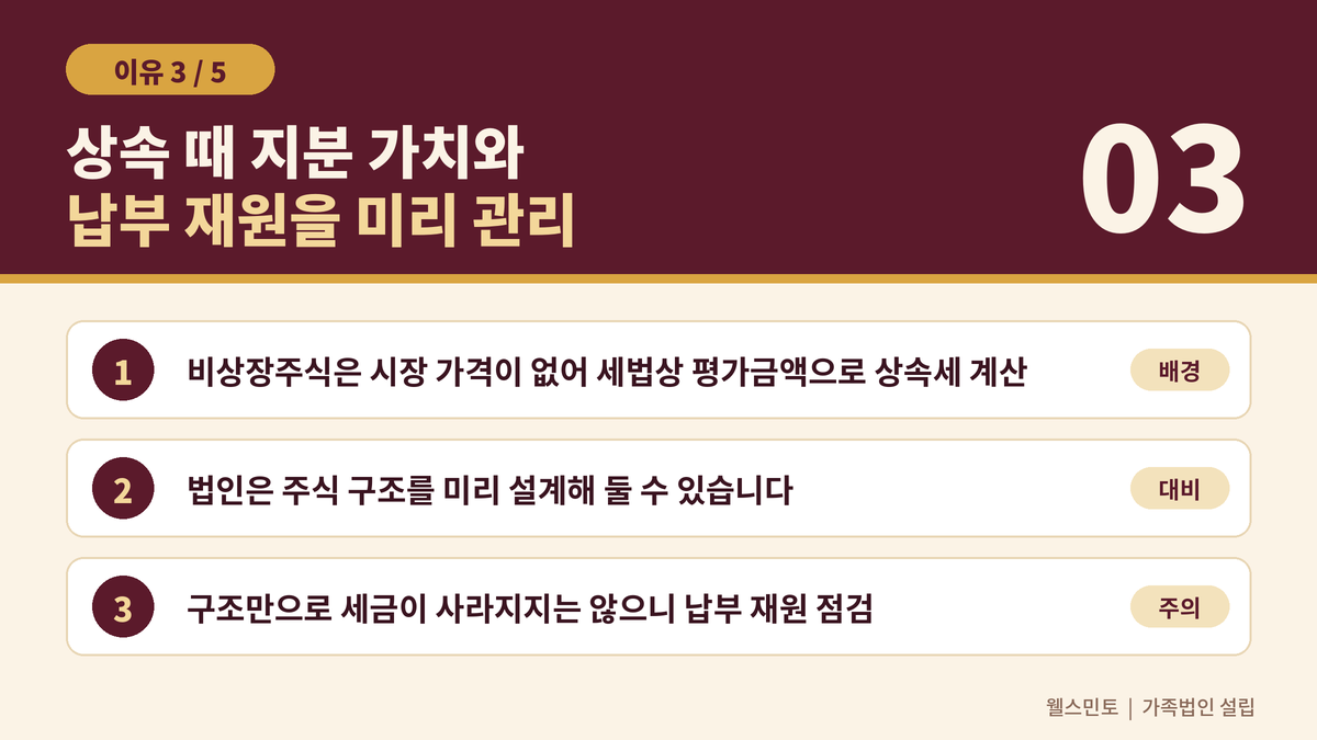 가족법인 설립 이유 3, 상속 때 지분 가치와 납부 재원 관리